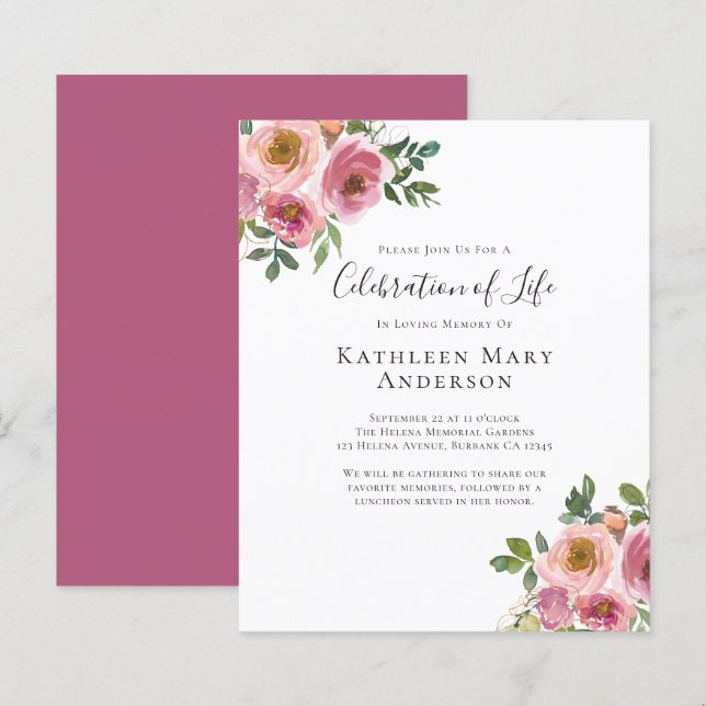 Budget Pink Floral Celebration of Life Invitation (Front/Back)