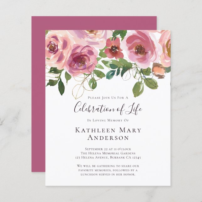 Budget Pink Floral Celebration of Life Invitation (Front/Back)