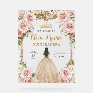 Budget Pink Floral Champagne Gown Quinceañera Acrylic Sign
