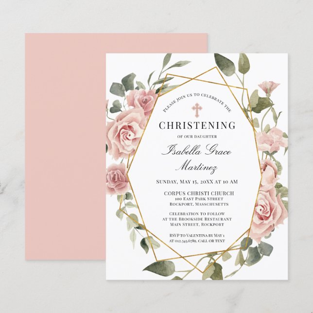 Budget Pink Floral Cross Christening Invitation (Front/Back)