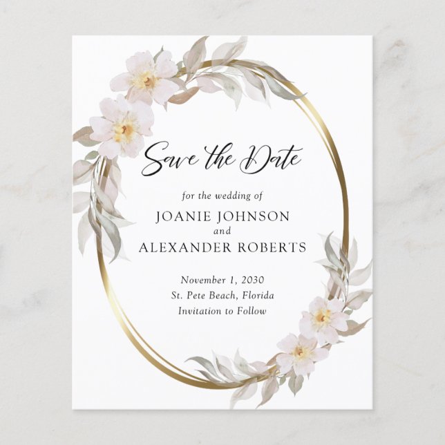 Budget Pink Floral Elegant Foliage Save the Date (Front)