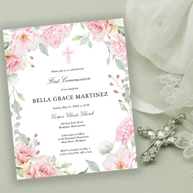 Budget Pink Floral First Communion Invitation (Creator Uploaded)