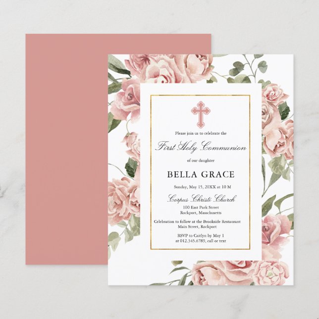 Budget Pink Floral First Holy Communion Invitation (Front/Back)