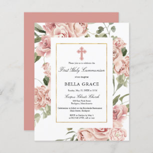 Budget Pink Floral First Holy Communion Invitation