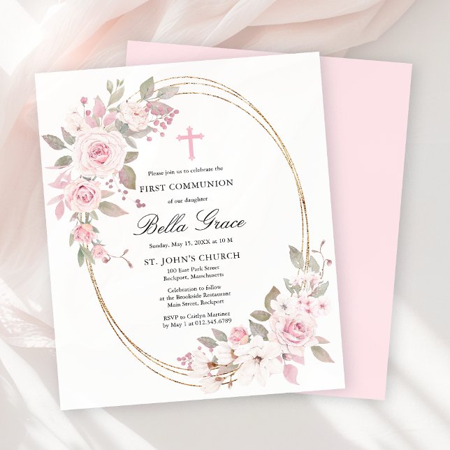 Budget Pink Floral First Holy Communion Invitation (Creator Uploaded)