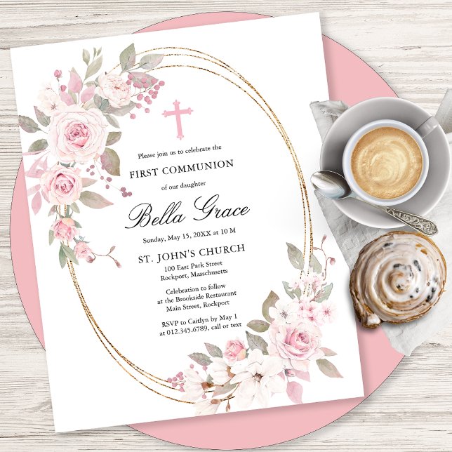 Budget Pink Floral First Holy Communion Invitation (Creator Uploaded)