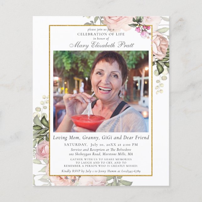 Budget Pink Floral Funeral Photo Invitation (Front)