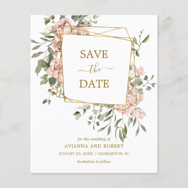 Budget Pink Floral Geometric Photo Save the Date (Front)