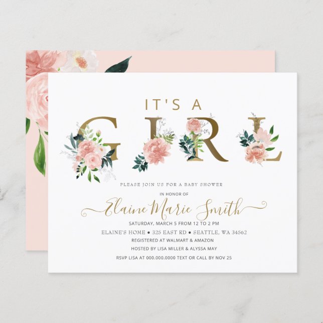 Budget Pink Floral Girl Baby Shower Invitation (Front/Back)