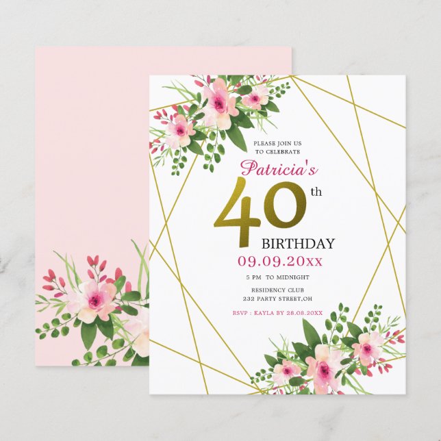 Budget Pink Floral Gold Glitter 40th Birthday  (Front/Back)
