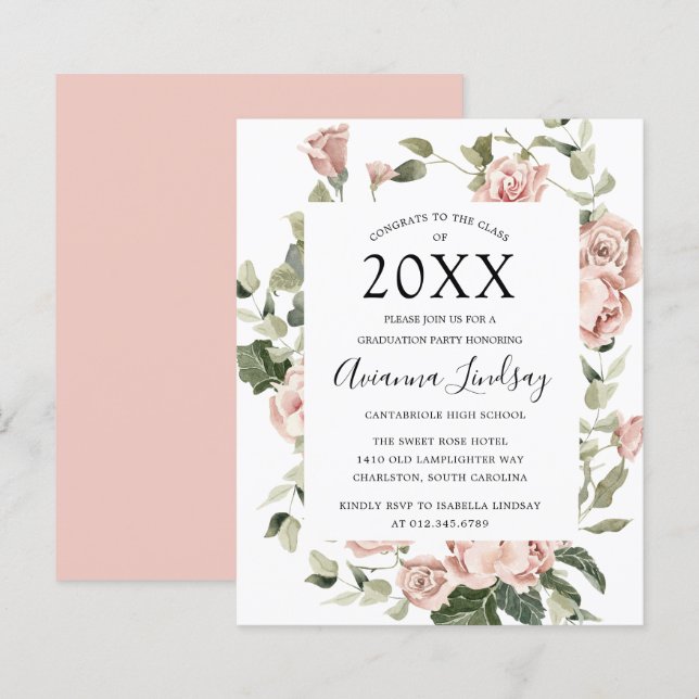 Budget Pink Floral Graduation Party Invitation (Front/Back)