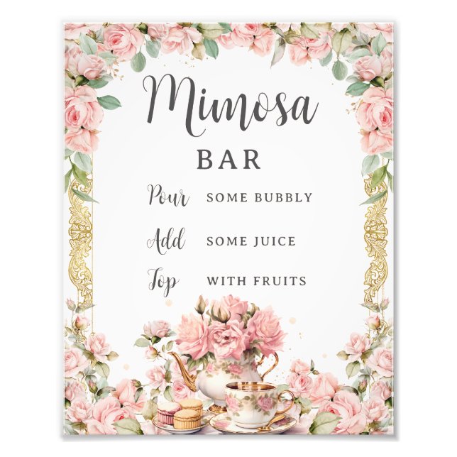Budget Pink Floral High Tea Bridal Shower Mimosa Photo Print (Front)