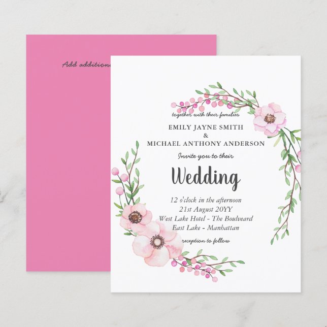 Budget Pink Floral Leaves Wedding Invite (Front/Back)