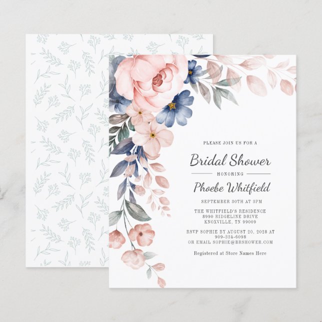 Budget Pink Floral Modern Bridal Shower Invitation (Front/Back)