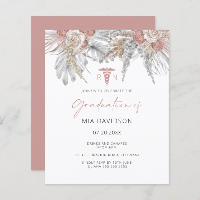 Budget Pink Floral Nursing Graduation Invitation (Front/Back)