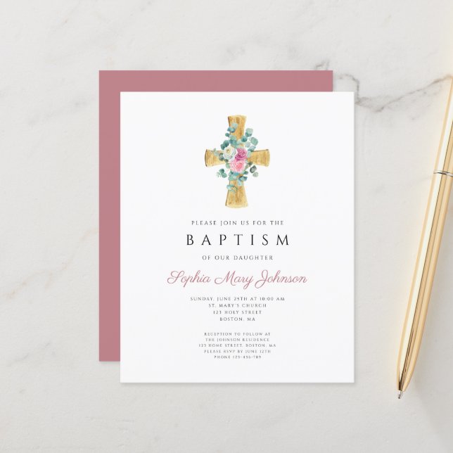 Budget Pink Floral Peonies Cross Baptism Invite (Front/Back In Situ)