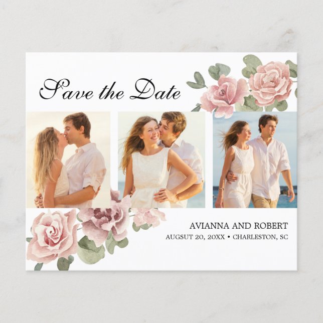 Budget Pink Floral Photo Save the Date (Front)