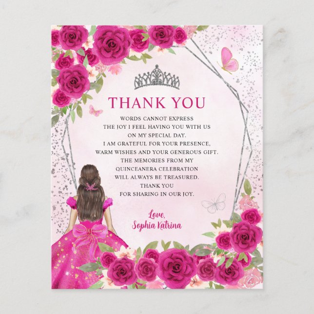 Budget Pink Floral Princess Quinceañera Thank You (Front)