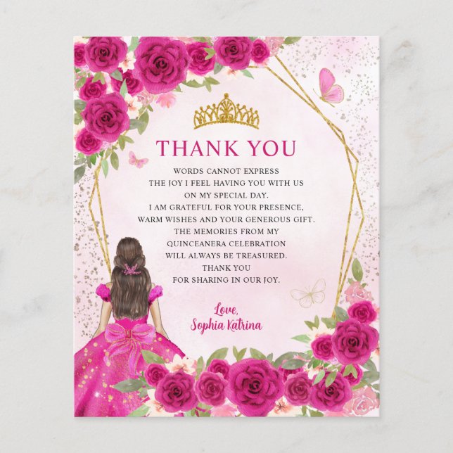 Budget Pink Floral Princess Quinceañera Thank You (Front)