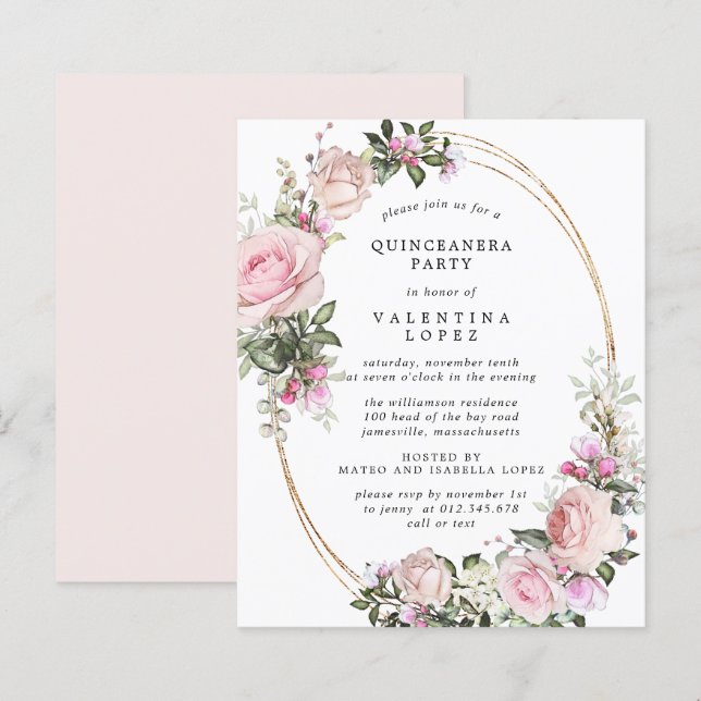 Budget Pink Floral Quinceanera Party Invitation (Front/Back)