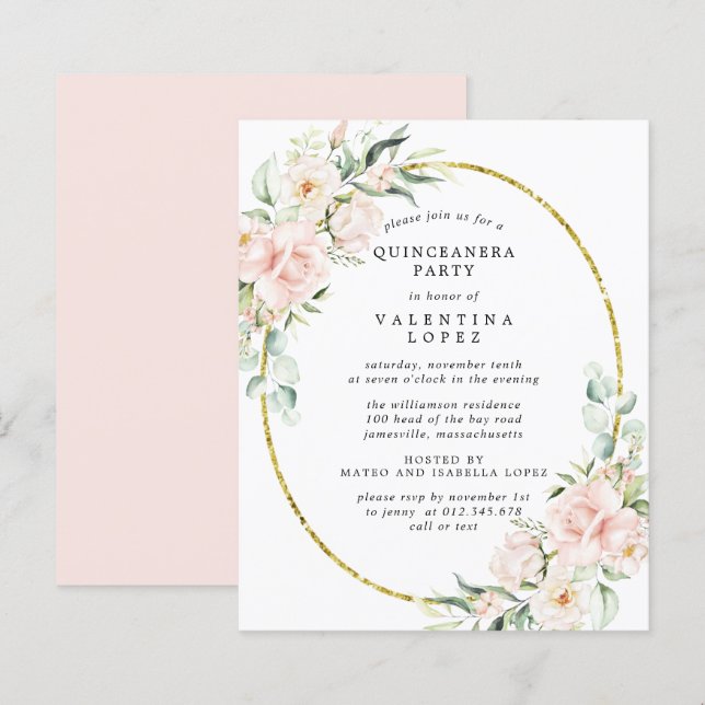 Budget Pink Floral Quinceanera Party Invitation (Front/Back)