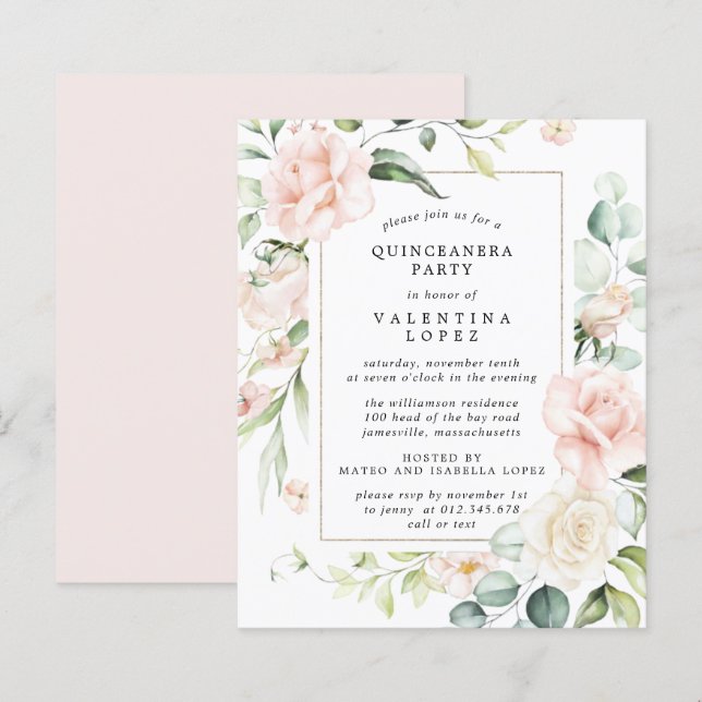 Budget Pink Floral Quinceanera Party Invitation (Front/Back)