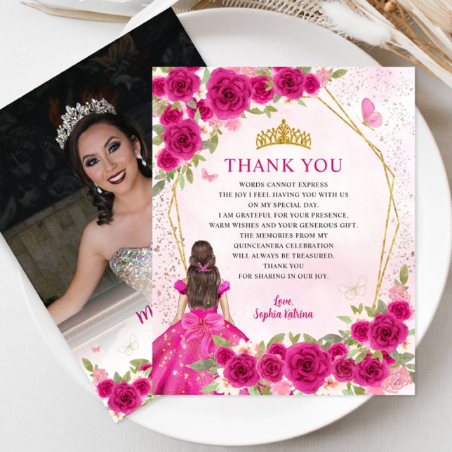 Budget Pink Floral Quinceañera Photo Thank You (Creator Uploaded)