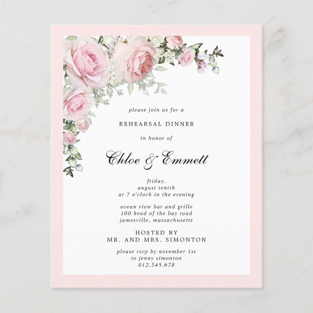 Budget Pink Floral Rehearsal Dinner Invitation (Front)
