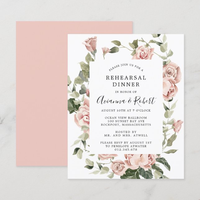 Budget Pink Floral Rehearsal Dinner Invitation (Front/Back)