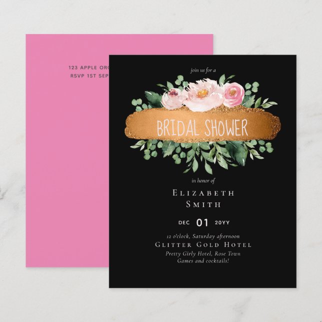 Budget Pink Floral Rose Gold Glitter Look Wedding (Front/Back)
