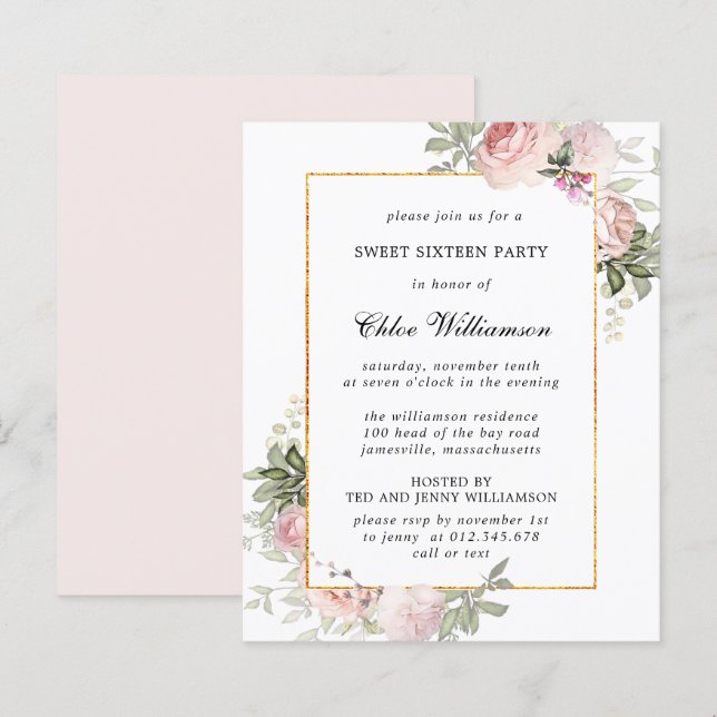 Budget Pink Floral Sweet 16 Party Invitation (Front/Back)