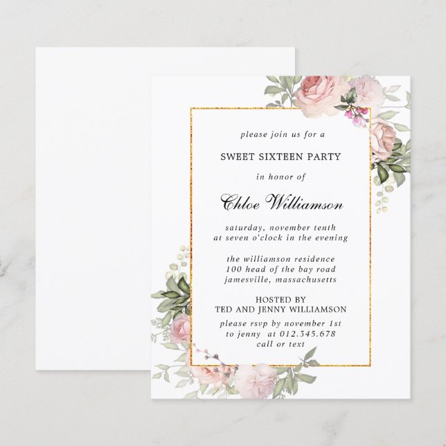 Budget Pink Floral Sweet 16 Party Invitation (Front/Back)