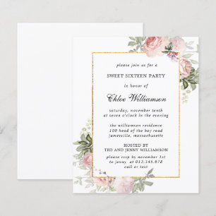 Budget Pink Floral Sweet 16 Party Invitation