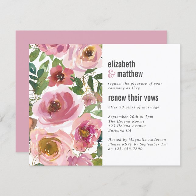 Budget Pink Floral Vow Renewal Invitation (Front/Back)