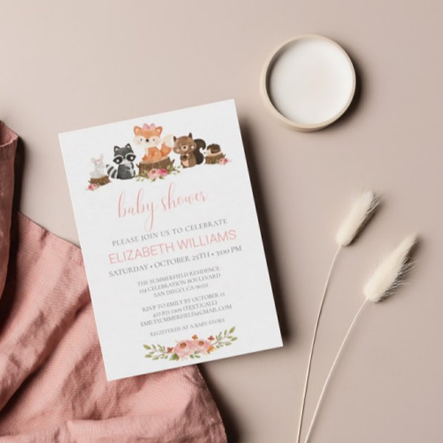 Budget Pink Floral Woodland Animals Baby Shower Invitation (Creator Uploaded)