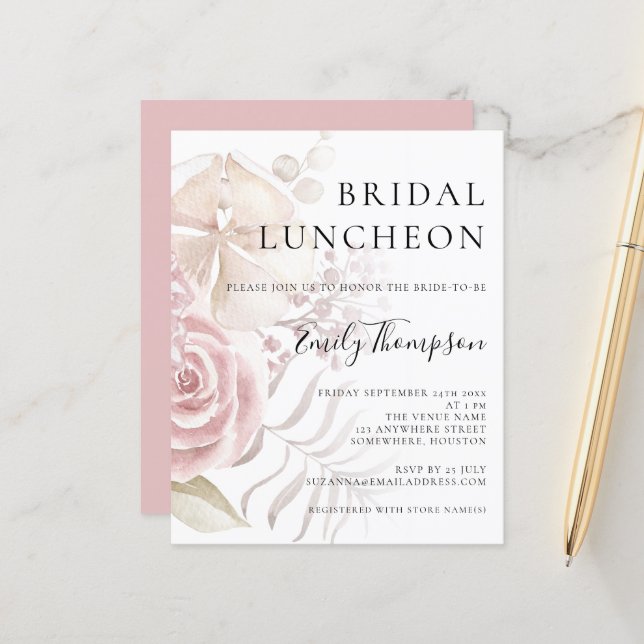 Budget Pink Florals Bridal Shower Luncheon Invite (Front/Back In Situ)