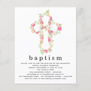 Budget Pink Florals Cross Baptism Invitation Flyer