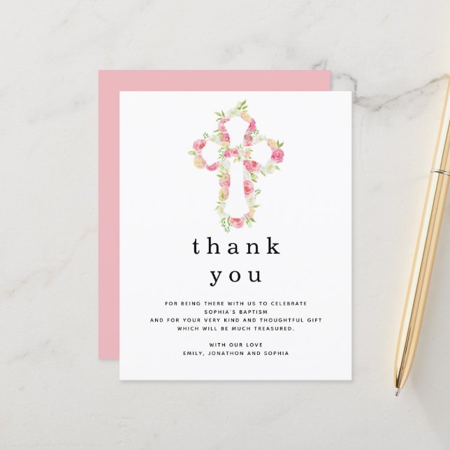 Budget Pink Florals Cross Baptism Thank you (Front/Back In Situ)