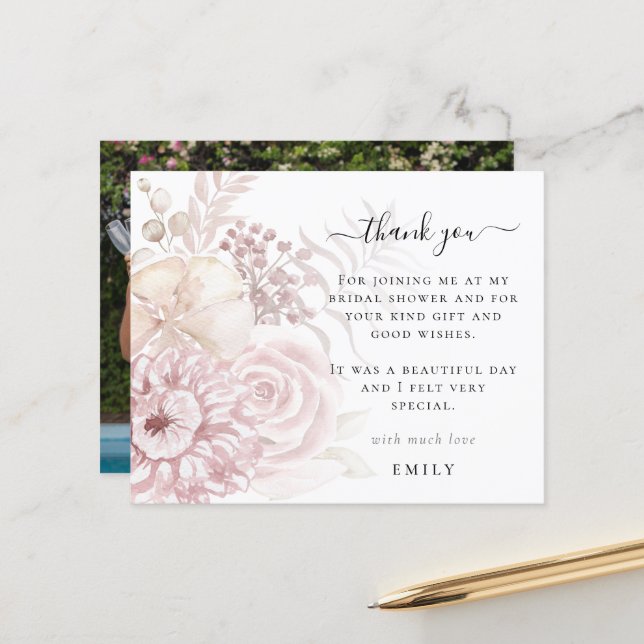 Budget Pink Florals Photo Bridal Shower Thank You (Front/Back In Situ)