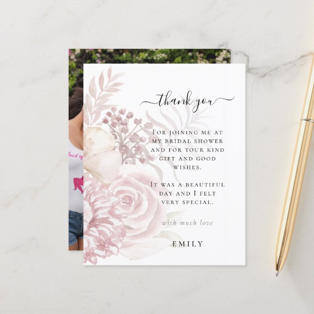 Budget Pink Florals Photo Bridal Shower Thank You (Front/Back In Situ)