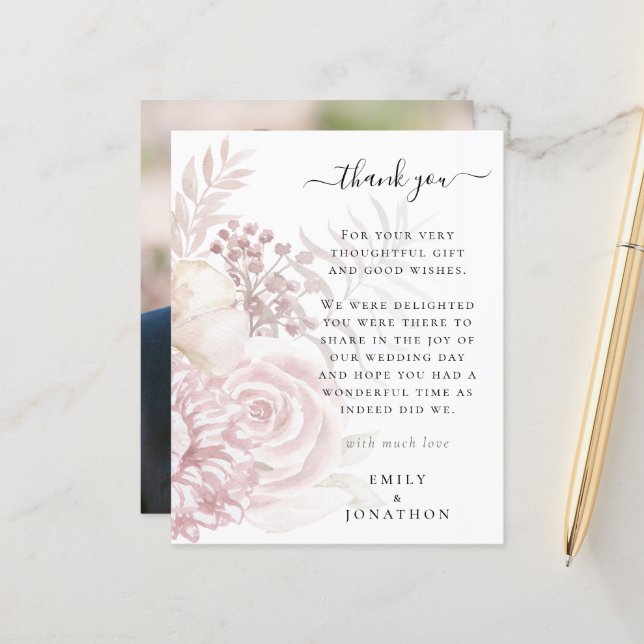 Budget Pink Florals Photo Wedding Thank You (Front/Back In Situ)