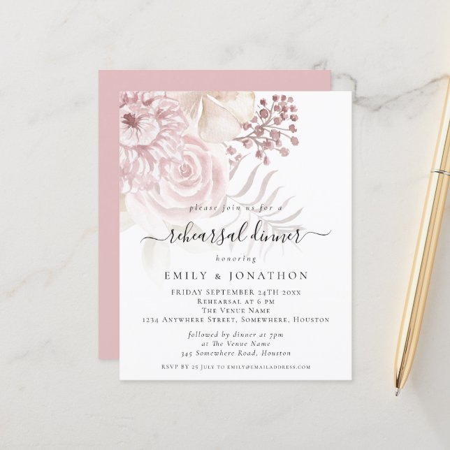 Budget Pink Florals Rehearsal Dinner Invitation (Front/Back In Situ)