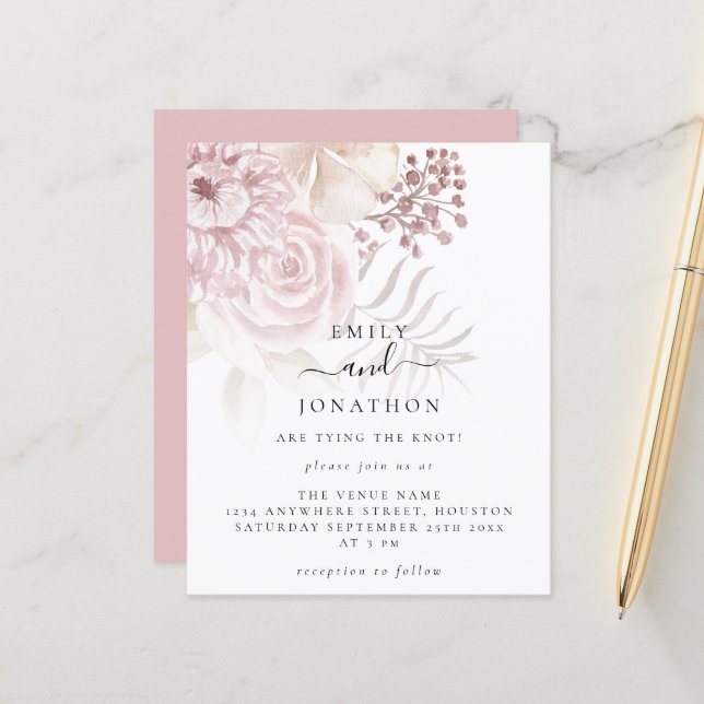 Budget Pink Florals Script Wedding Invitation (Front/Back In Situ)