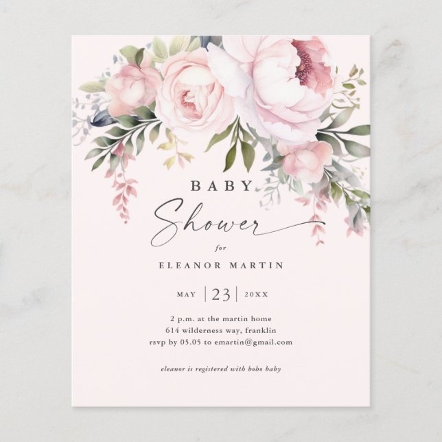 Budget Pink Flowers Garden Baby Shower Invitation (Front)