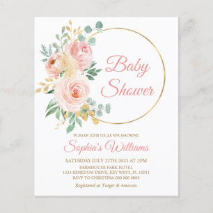 Budget Pink Flowers & Gold Baby Shower Invitation