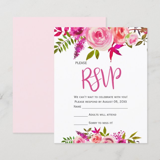 Budget Pink Fuchsia Botanical Floral Wedding RSVP  (Front/Back)