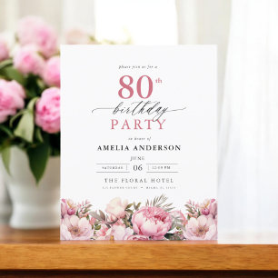 Budget Pink Garden Floral 80th Birthday Invitation
