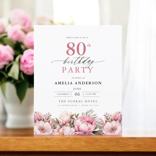 Budget Pink Garden Floral 80th Birthday Invitation Flyer (Creator Uploaded)