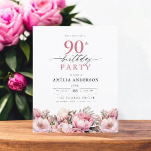 Budget Pink Garden Floral 90th Birthday Invitation Flyer