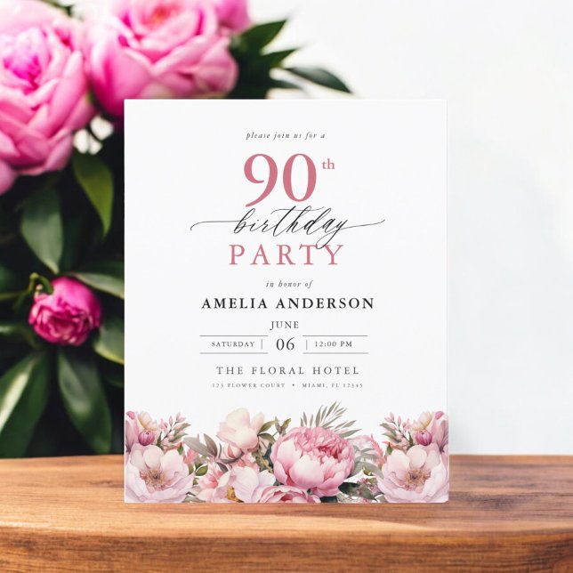 Budget Pink Garden Floral 90th Birthday Invitation Flyer (Creator Uploaded)